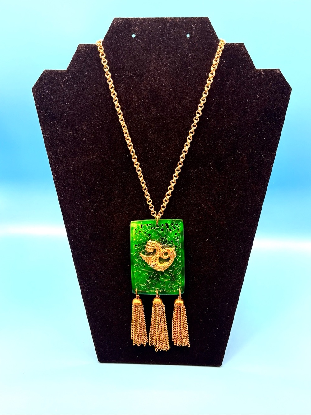 Vintage MCM Faux Jade Dragon Pendant Necklace Gold Tone Tassel 30" Long Chain